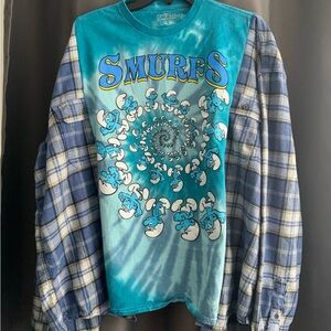 Upcycled Smurfs Tie-Dye Graphic Tee with Plaid Sleeves